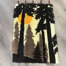 Vintage 1970’s Forest Sunset Woods Sunrise Latch Hook Rug Wall Hanging 35”x 24” picture