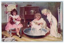 c1910's Children Girls Bathing Puppy Dog Doll Unposted Antique Postcard picture