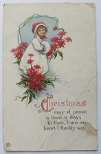 Antique 1910 Christmas Message Girl Winter Scene Holly Flowers Posted Postcard picture
