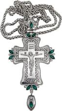 Pectoral Cross Antique Silver Crucifix Pendant with Green Stones Necklace 24
