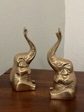 Set Of 2 Solid Brass Elephant Bookends 6.5” Tall Trunk Up Vintage Made In India picture