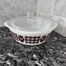 Vintage MCM Jeannette Glasbake Brown Gingham Tulip Round Covered Casserole picture