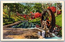 Vtg Palatka FL Rustic Water Wheel Suspension Bridge Ravine Gardens View Postcard picture