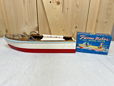 Vintage 1950s Japan Wooden Battery Powered BOAT and Famus Outboard Motor picture