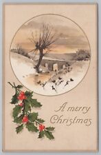 Holiday~Christmas~Winter View Along River & Bridge~Holly~Vintage Postcard picture