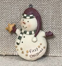 Rustic Folk Art Resin First Christmas Snowman Ornament Holiday Festive picture