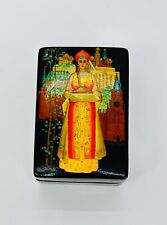 Russian Lacquer Palekh Trinket Box Lady w Traditional Dress Rectangle Black READ picture