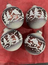 4 Cabins Trees WHITE STENCILED Glass CHRISTMAS TREE ORNAMENTS 2.5