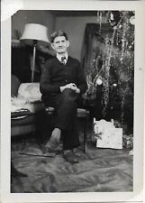 Christmas Tree Photograph Man 1940s Vintage Fashion 3 1/4 x 4 1/2 picture