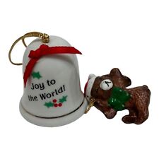 Vintage Christmas Joy To The World Bell Ornament Teddy Bear Santa Hat J.S. NY picture
