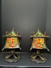 Antique Reverse Painted Asian Theme Boudoir Table Lamp Pair picture
