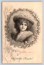 c1913 Curly Haired Girl in Hat Happy New Year ANTIQUE Postcard 1025 picture