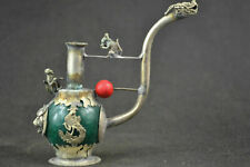 Old Handwork Green Jade inlay Pipe Tibet Silver Dragon Smoking Pipe Collectible picture
