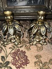 Vintage Brass Candle Holder Hollywood Regency  Crystal Pair picture