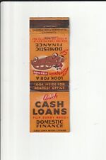 QUICK CASH LOANS DOMESTIC FINANCE CLEVELAND / AKRON  OH. VINTAGE MATCHBOOK COVER picture