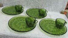 Vintage Indiana Glass 8 pc Green Sunburst Snack Tea Set 4 Plates w Cups FREE S/H picture