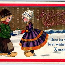 c1910s Merry Christmas Xmas Gift Traditional Clog Gilt Gel Postcard Embossed A66 picture