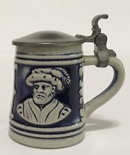 GERZ Miniature Beer Stein 2.5” Tall Lidded Blue Gray W. Germany Silhouettes picture