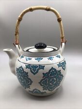 Yokohama studio Teal & White Hand painted Teapot With Bamboo Handle. picture