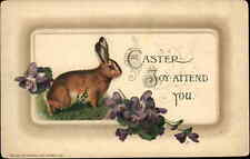 Easter Bunny Rabbit Purple Flowers Embossed Winsch c1900s-10s Postcard picture