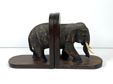 Elephant Bookends Vintage Solid Wood Carved Safari Boho Chic - Pair picture