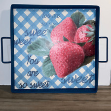 Metal Tray Strawberry Serving Blue Handles Decorative 13” X 13” Country Cottage picture