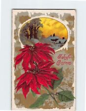 Postcard Embossed A Joyful Christmas Greeting Card Winter/Snow Scene & Flowers picture