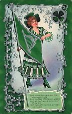 St Patricks Day Irish Shamrock Girl with Flag Pretty Silver & Embossed Postcard picture