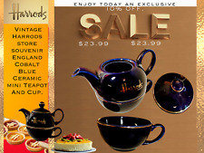 Vintage Harrods store souvenir England Cobalt Blue Ceramic mini Teapot And Cup. picture