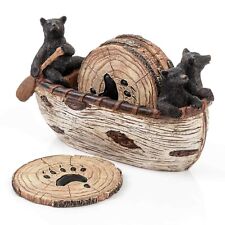 Bear Coasters Set – 3 Adorable Handmade Black Bear Figurines Paddling in a Ca... picture