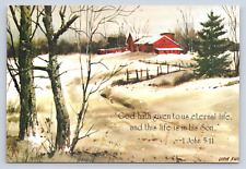 Vintage Postcard 1 John 5:11 Barn Snow Christian picture