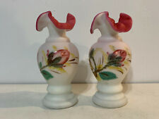 Antique Pink & White Satin Glass Pair of Vases w/ Pink Flower Decoration picture