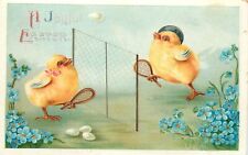 Embossed Easter Postcard Dressed Chicks Play Badminton Or Tennis IAPC 1225 picture