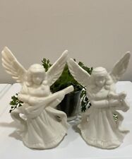 Vtg White Ceramic Winged Angels Playing Musical Instruments Figurines Lot Of 2 picture