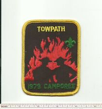 BQ SCOUT BSA 1979 TOWPATH CAMPOREE PATCH SCOUT SILHOUETTED IN ORANGE FLAMES FDL picture