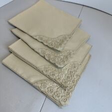 Set of 4 Vintage Beige Linen Flower Embroidered Napkins Lunch/Dinner Tea Time picture