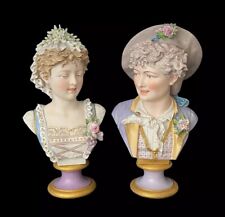 Antique French Pair Signed By Paul Duboy Painted Bisque Busts Sculpture 1879 picture