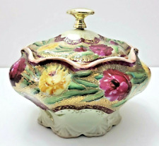 ANTIQUE BEAUTIFUL TUREEN WITH LID RED AND YELLOW CABBAGE ROSES HEAVY GOLD GILT picture