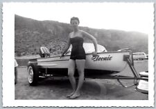 1950s Pretty Girl In Bathing Suit w/ Motor Boat Original Photograph Mid Century picture