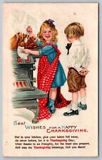 Postcard Best Wishes Happy Thanksgiving Girl Red Apron Cooking Turkey picture