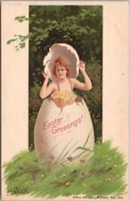 c1900s EASTER Postcard Girl in Low-Cut Dress / Big Egg Shell - Undivided Back picture