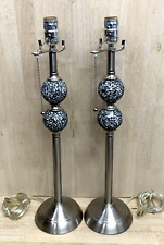 TALL BUFFETT LAMPS Candlestick Table Set Pair LOT OF 2 Brushed Stainless Nickel picture