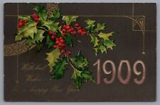 1909 Antique Christmas Card Waverly, Iowa Mistletoe Ribbon Holiday picture