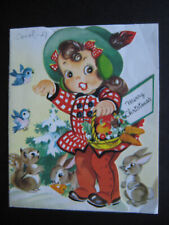 1940s vintage greeting card Stonybrook Greetings CHRISTMAS Girl Feeding Animals picture