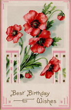 Best Birthday Wishes Postcard c1915 Red Poppies with Pink Borders Unposted picture