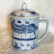 Vintage Antique Blue White Hand Painted Porcelain Chinese Mug Canister picture