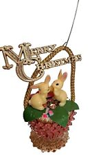 VTG Handmade Beaded Embellished Merry Christmas Ornament Bunny Basket Push Pin picture