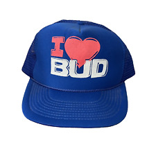 RARE Vintage I Love Heart Bud Light Blue Mesh Back Trucker Hat Style Rope HTF picture