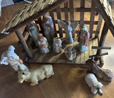 Vintage Ceramic Nativity Set With Wooden Manger Made In Taiwan picture