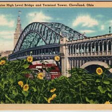 c1940s Cleveland, OH Detroit High Level Bridge Terminal Tower Sunflowers PC A220 picture